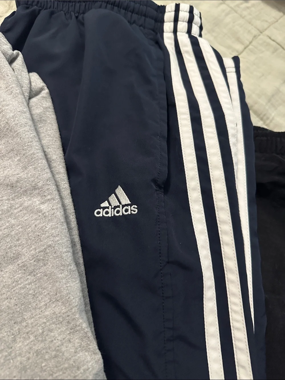 Bundle adidas Grey TeeXL with Blue Print + Navy Stripe Track Pants and shorts